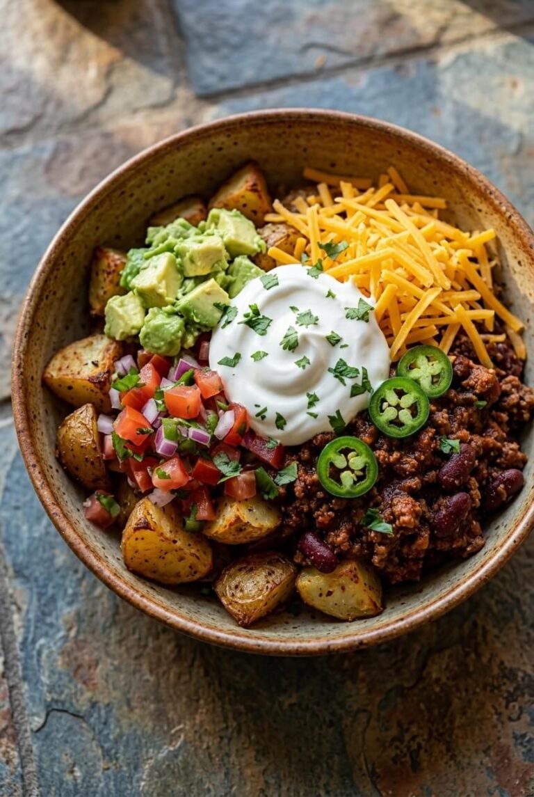 loaded potato taco bowl recipe - Loaded Potato Taco Bowl served in a white bowl overhead view