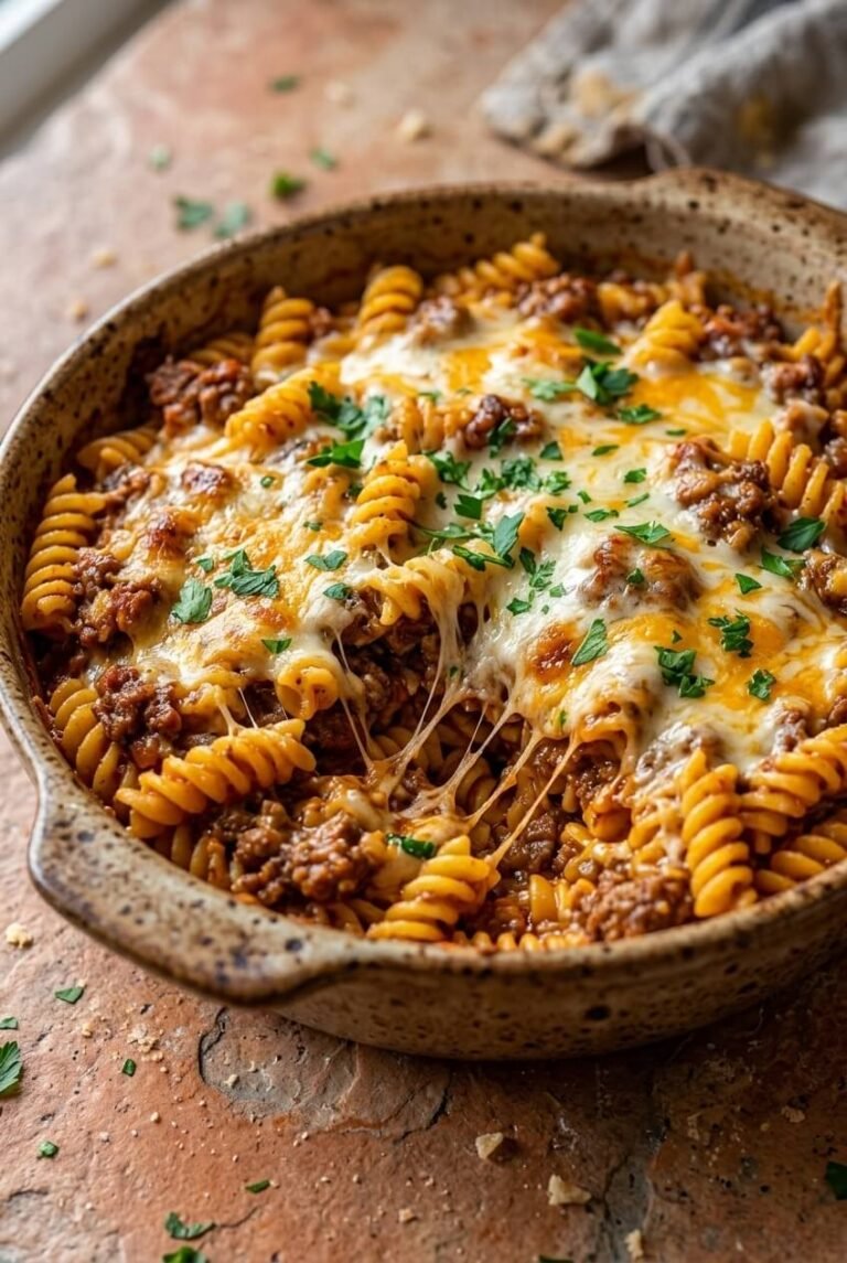 cheesy hamburger casserole bake recipe - Cheesy Hamburger Casserole Bake served in a white bowl overhead view