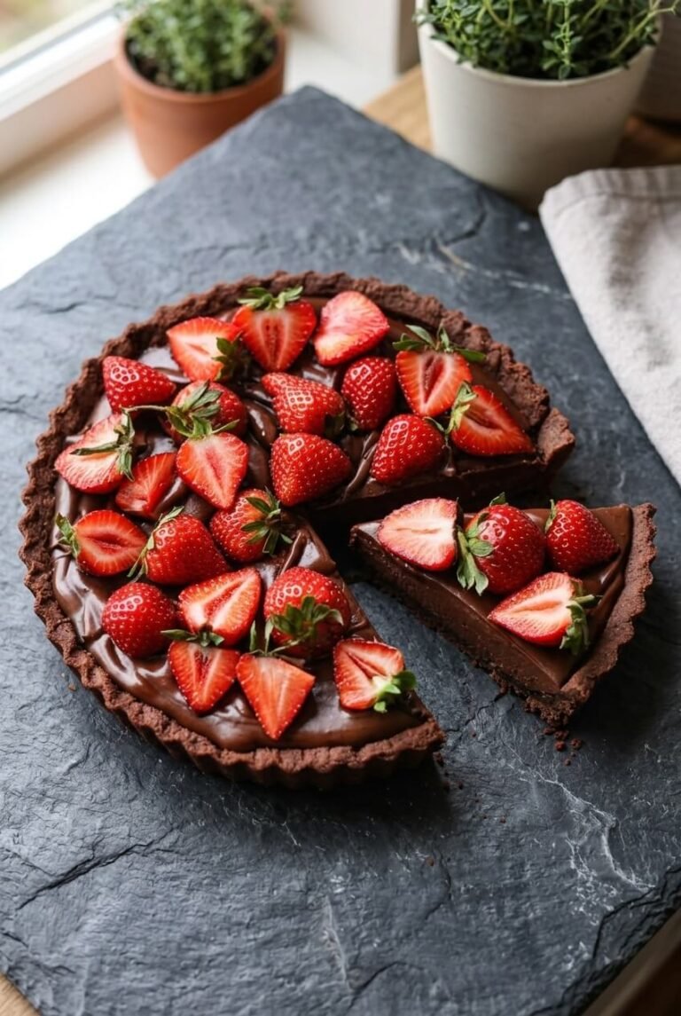 decadent dark chocolate strawberry tart recipe - Decadent Dark Chocolate Strawberry Tart served in a white bowl overhead view