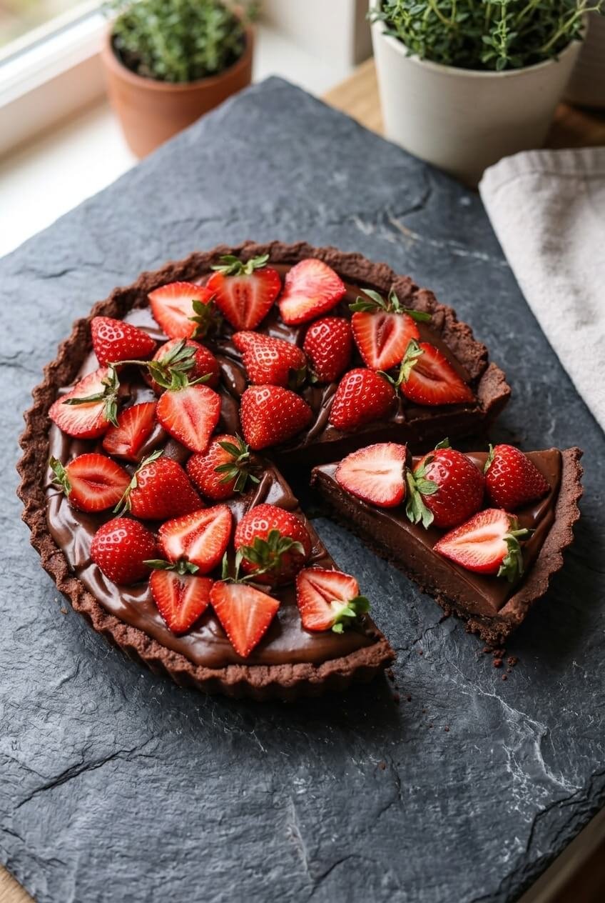decadent dark chocolate strawberry tart recipe - Decadent Dark Chocolate Strawberry Tart served in a white bowl overhead view