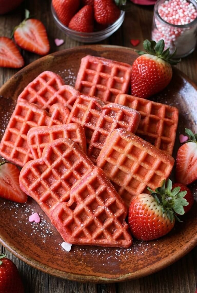 strawberry waffles recipe - STRAWBERRY WAFFLES RECIPE served in a white bowl overhead view