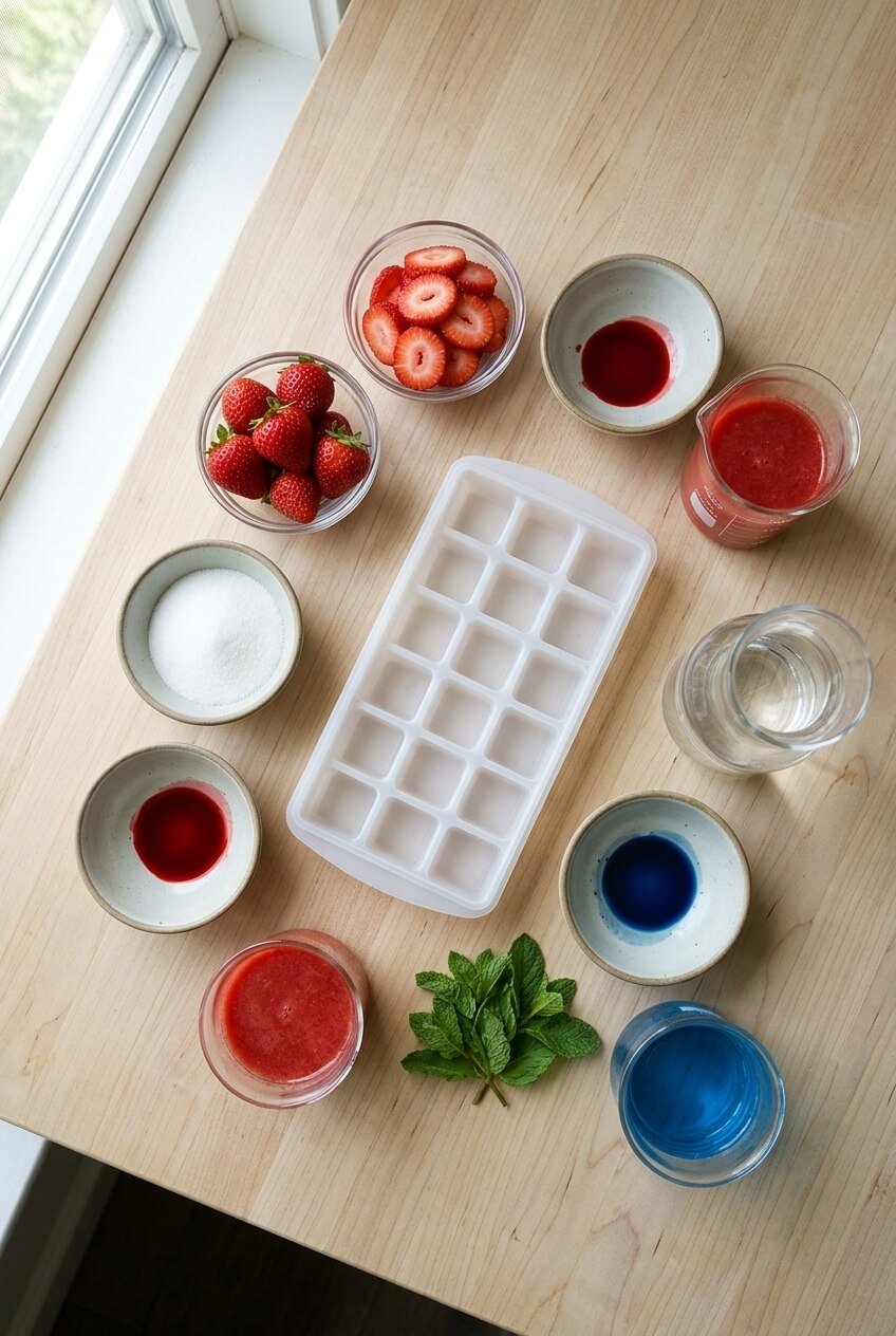 ingredients for Red White and Blue Ice Cubes for 4th of July
