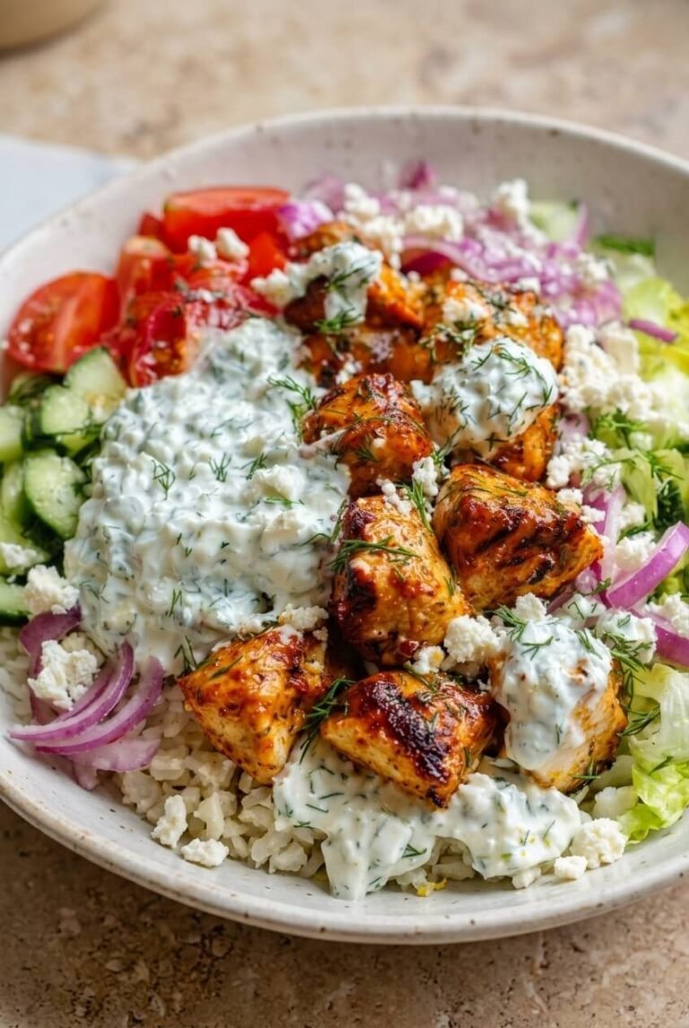 lemon dill chicken bowl recipe - Lemon Dill Chicken Bowl served in a white bowl overhead view