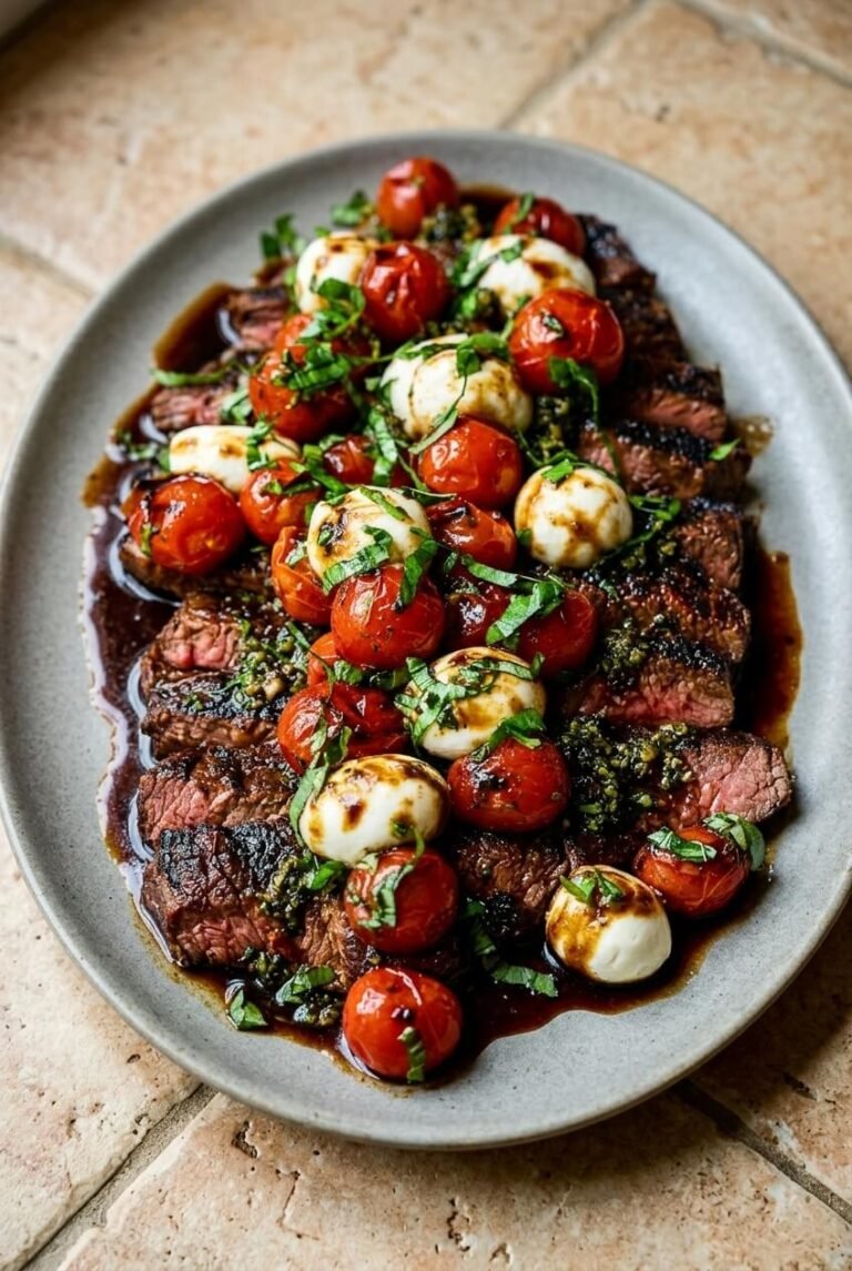 grilled flank steak caprese with balsamic dressing recipe - Grilled Flank Steak Caprese with Balsamic Dressing served in a white bowl overhead view