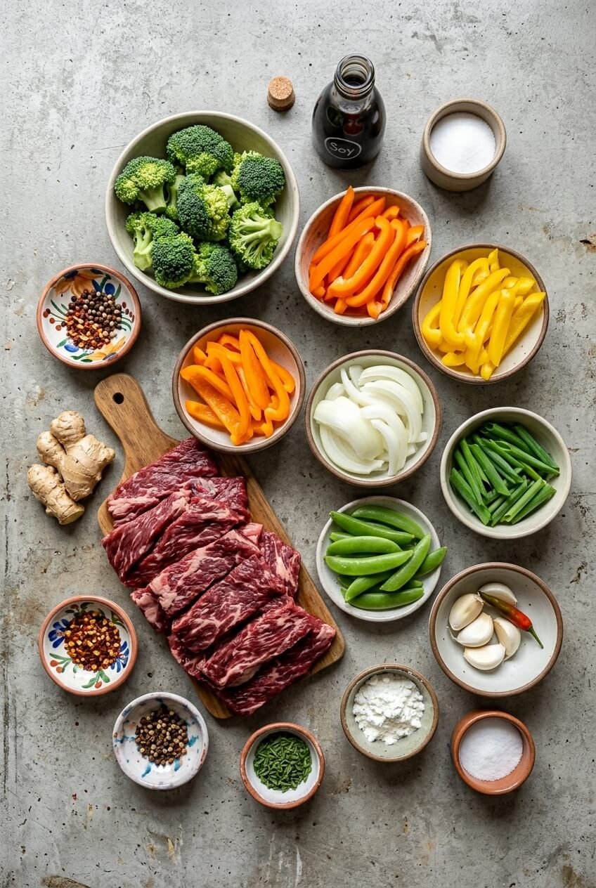 ingredients for Beef Stir Fry with Vegetables