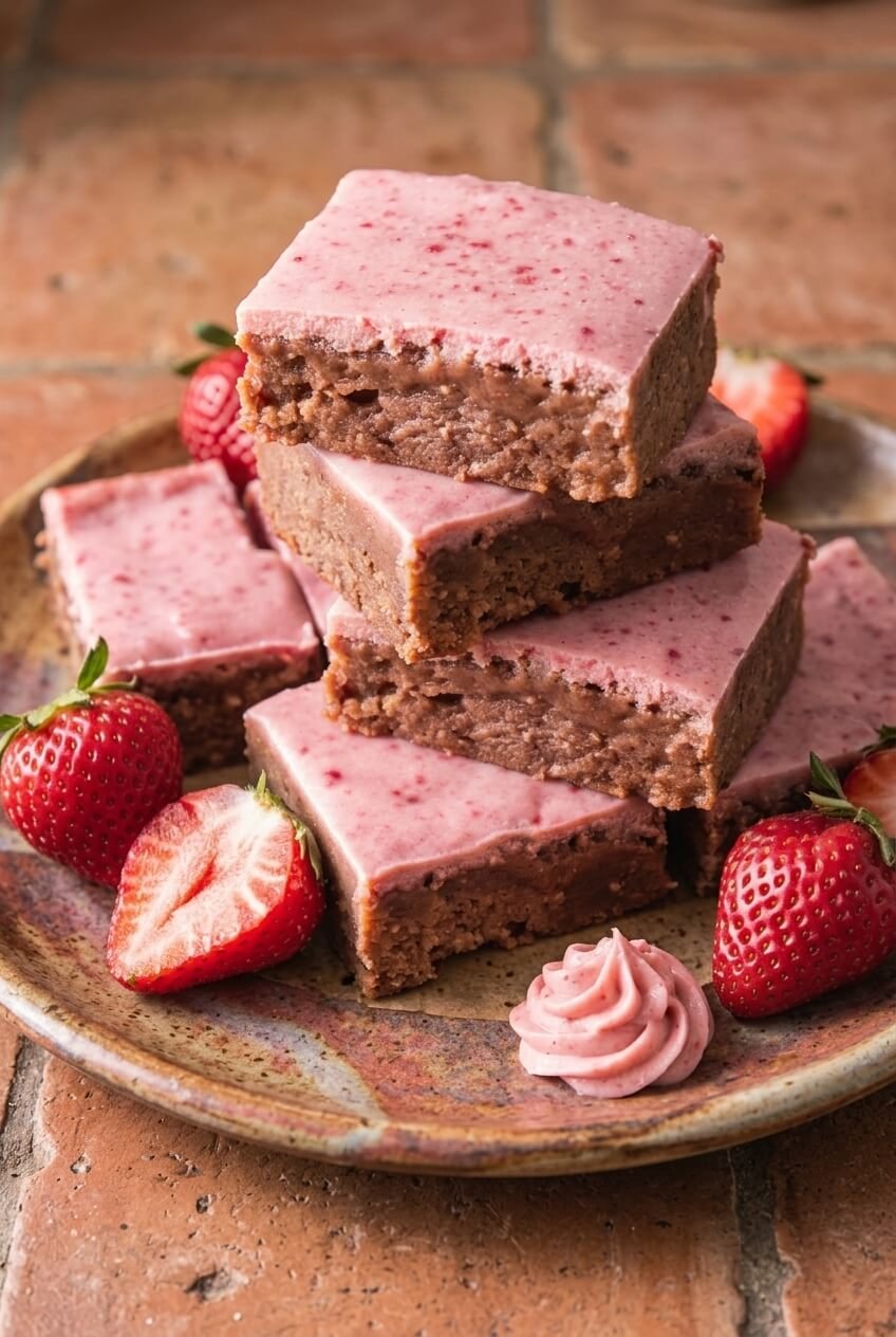 fudgy real strawberry brownies recipe - Fudgy Real Strawberry Brownies served in a white bowl overhead view