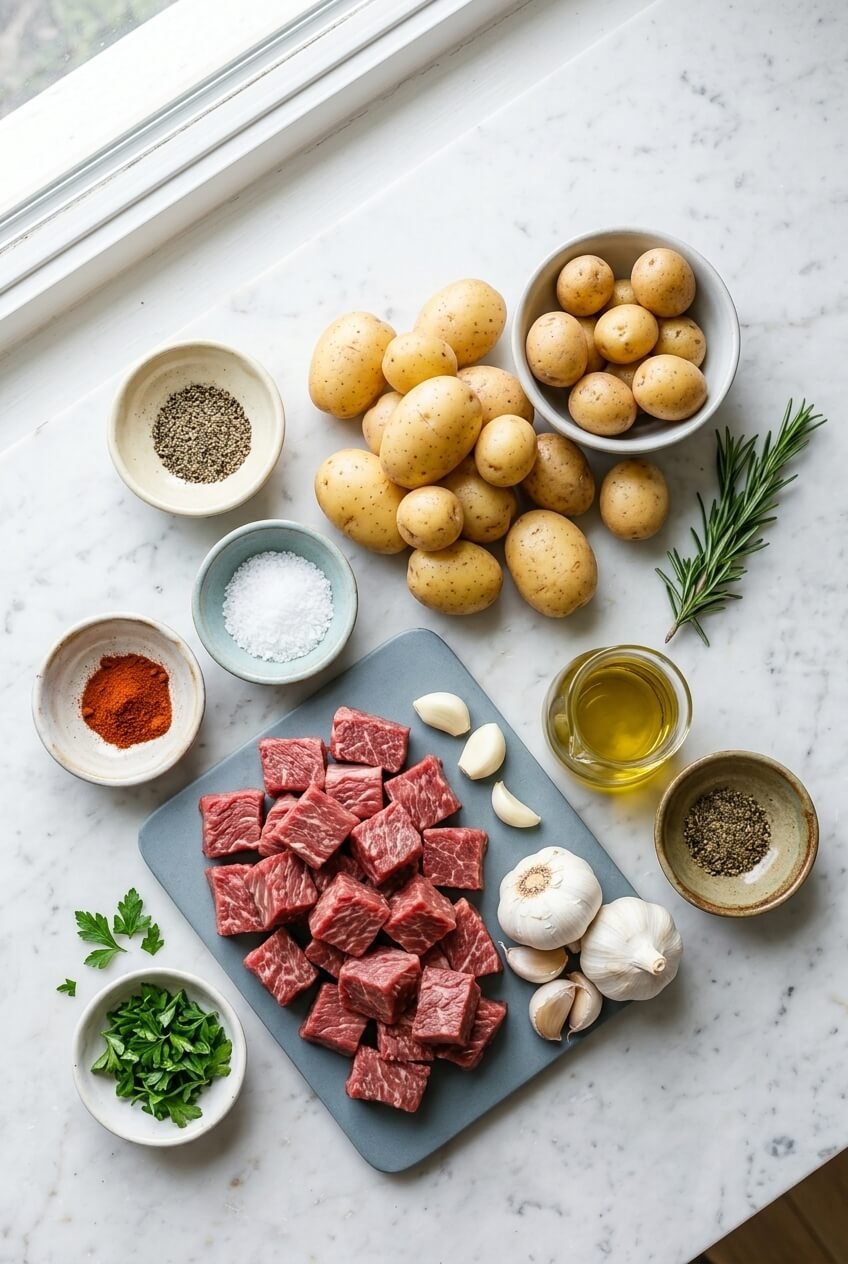 ingredients for Garlic Steak and Potatoes