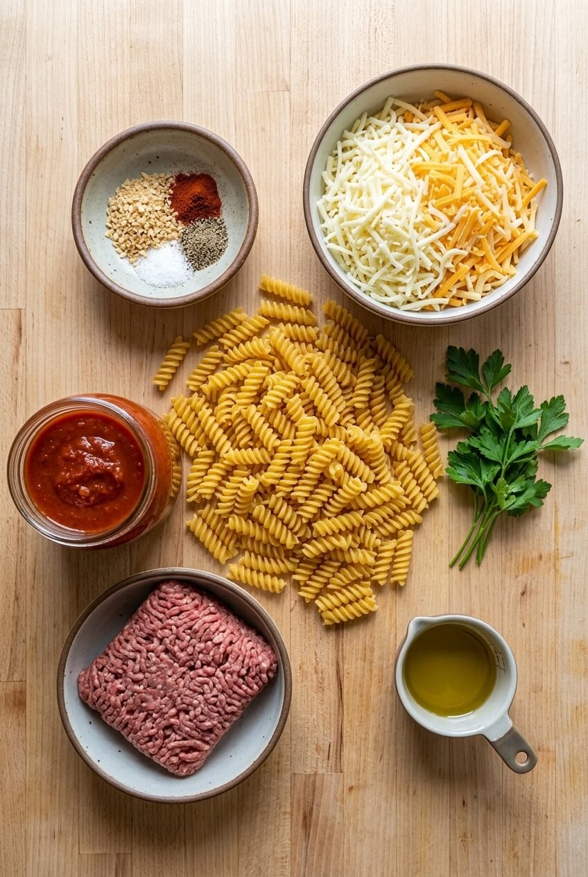 ingredients for Cheesy Hamburger Casserole Bake