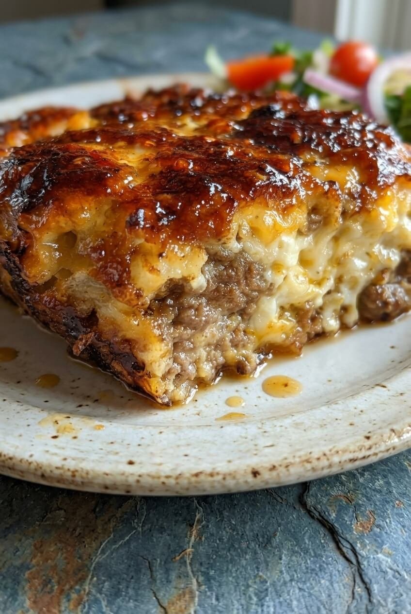 amish hamburger steak bake recipe - AMISH HAMBURGER STEAK BAKE served in a white bowl overhead view