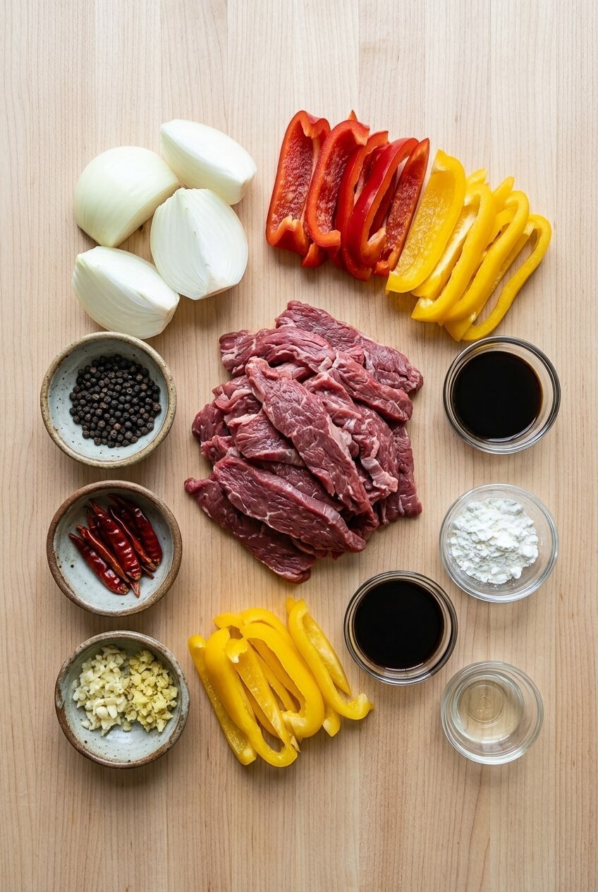 ingredients for Pepper Steak with Onions
