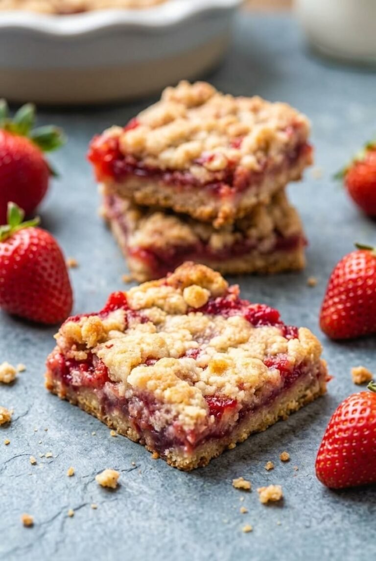 strawberry oatmeal crumble bars recipe - Strawberry Oatmeal Crumble Bars served in a white bowl overhead view