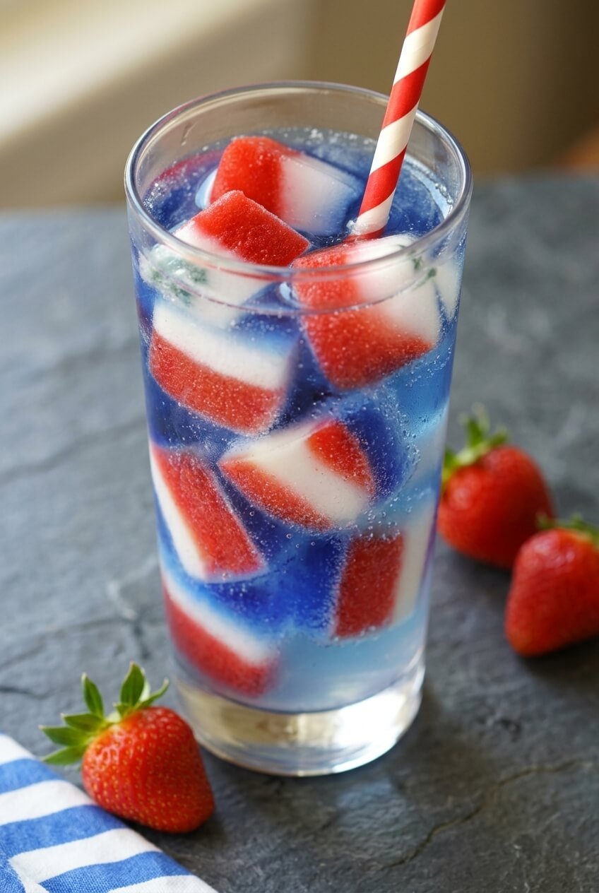 red white and blue ice cubes for 4th of july recipe - Red White and Blue Ice Cubes for 4th of July served in a white bowl overhead view