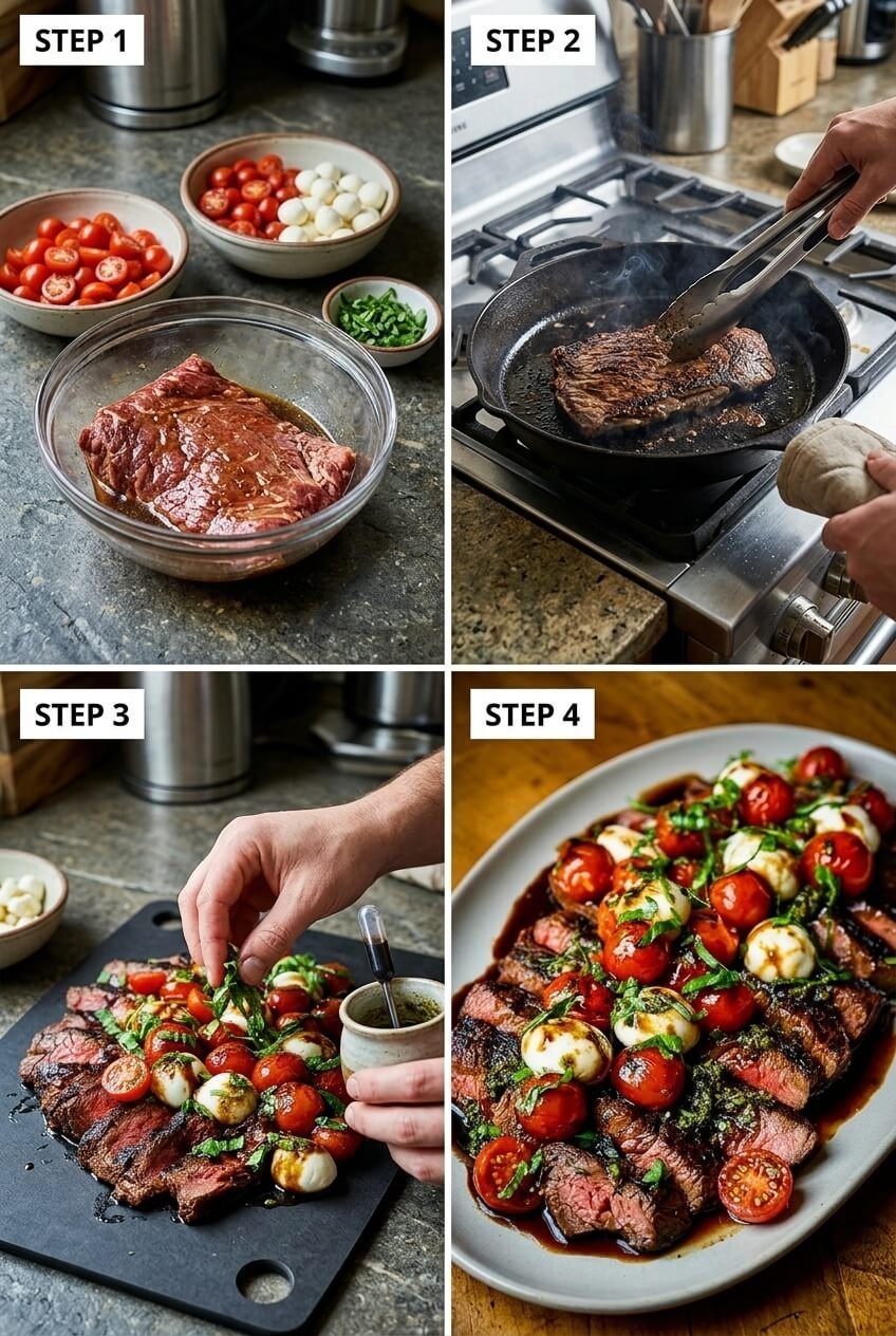 how to make Grilled Flank Steak Caprese with Balsamic Dressing step by step