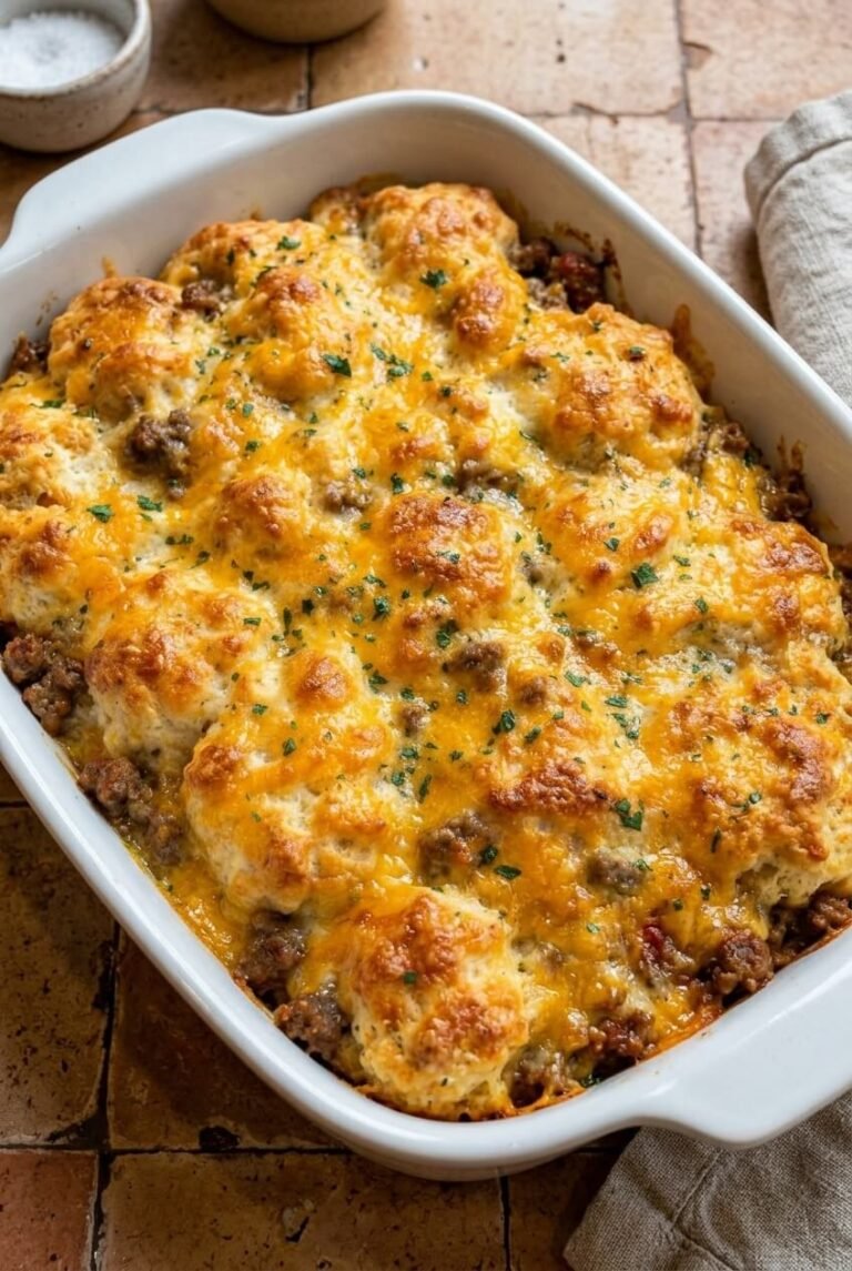cheddar bay hamburger casserole recipe - Cheddar Bay Hamburger Casserole served in a white bowl overhead view