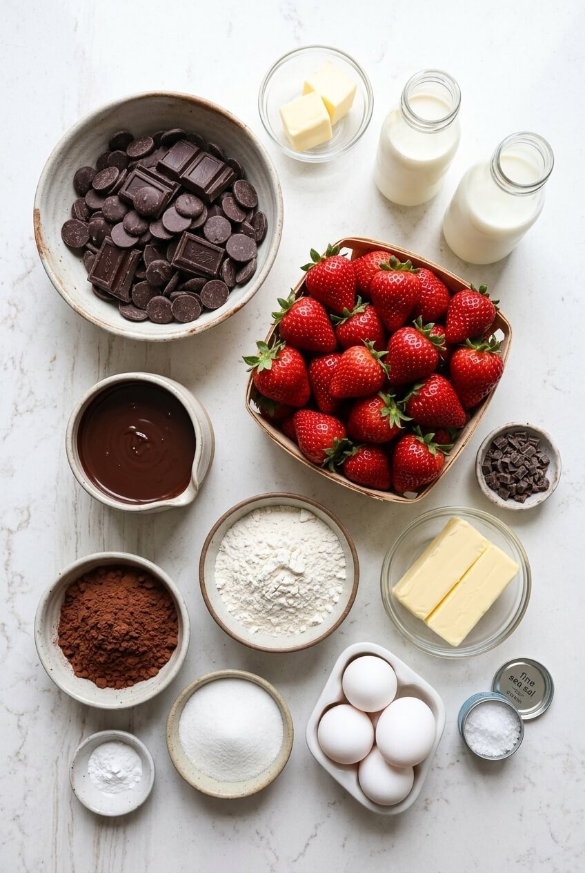 ingredients for Decadent Dark Chocolate Strawberry Tart