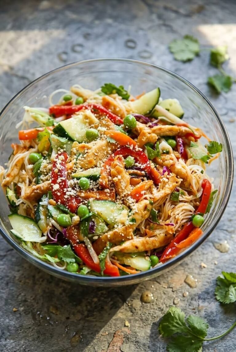 spring roll salad with spicy ginger dressing recipe - Spring Roll Salad with Spicy Ginger Dressing served in a white bowl overhead view