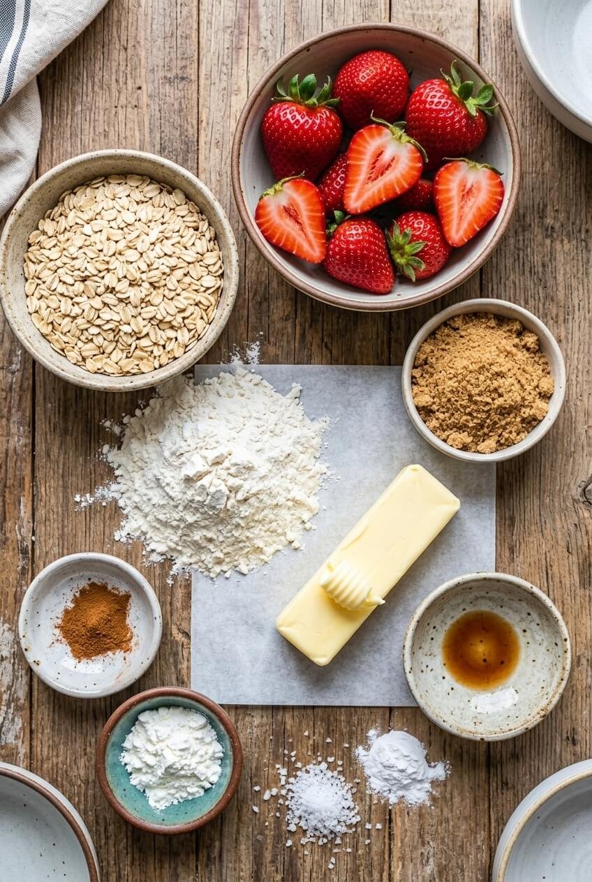 ingredients for Strawberry Oatmeal Crumble Bars