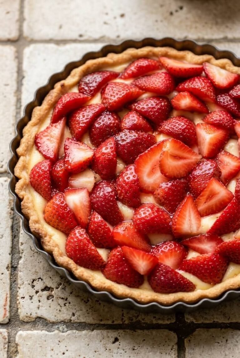 french tarte aux fraises recipe - French Tarte Aux Fraises served in a white bowl overhead view