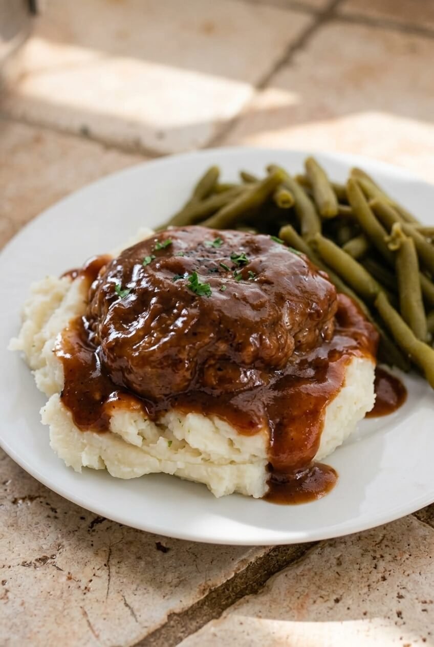 simple salisbury steak recipe - Simple Salisbury Steak served in a white bowl overhead view
