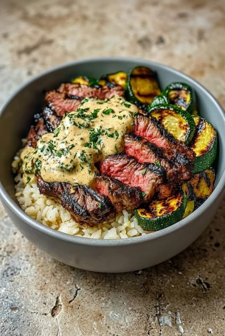 steak bowl zucchini recipe - Steak Bowl Zucchini served in a white bowl overhead view