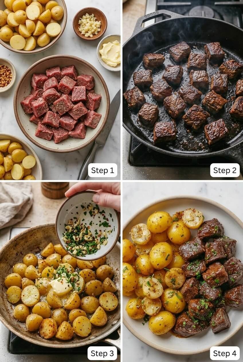 how to make Irresistible Garlic Butter Steak Bites & Potatoes step by step