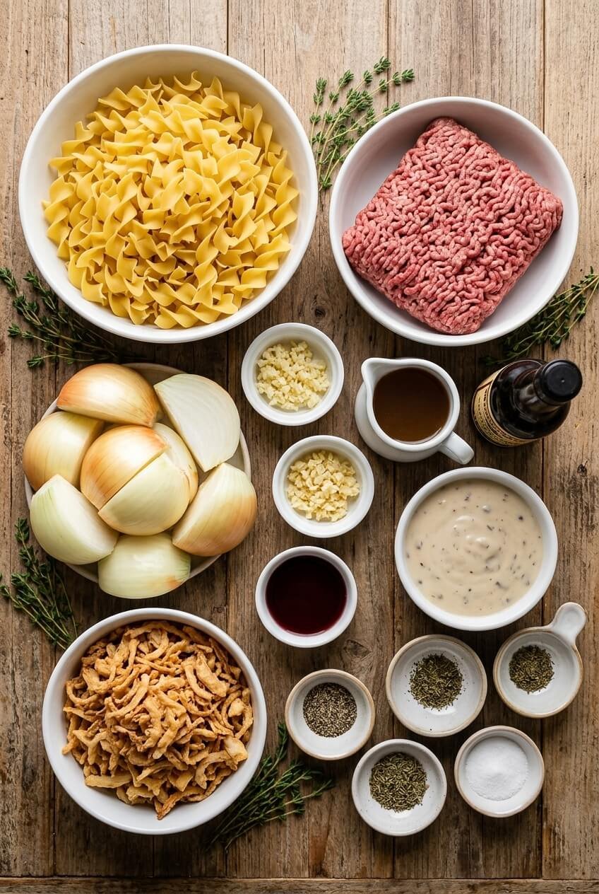 ingredients for French Onion Beef Casserole