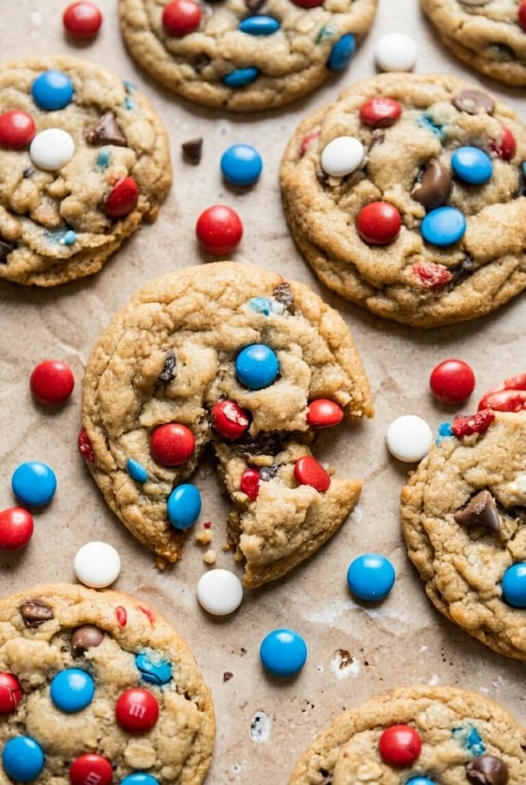 easy patriotic monster cookies recipe - Easy Patriotic Monster Cookies served in a white bowl overhead view