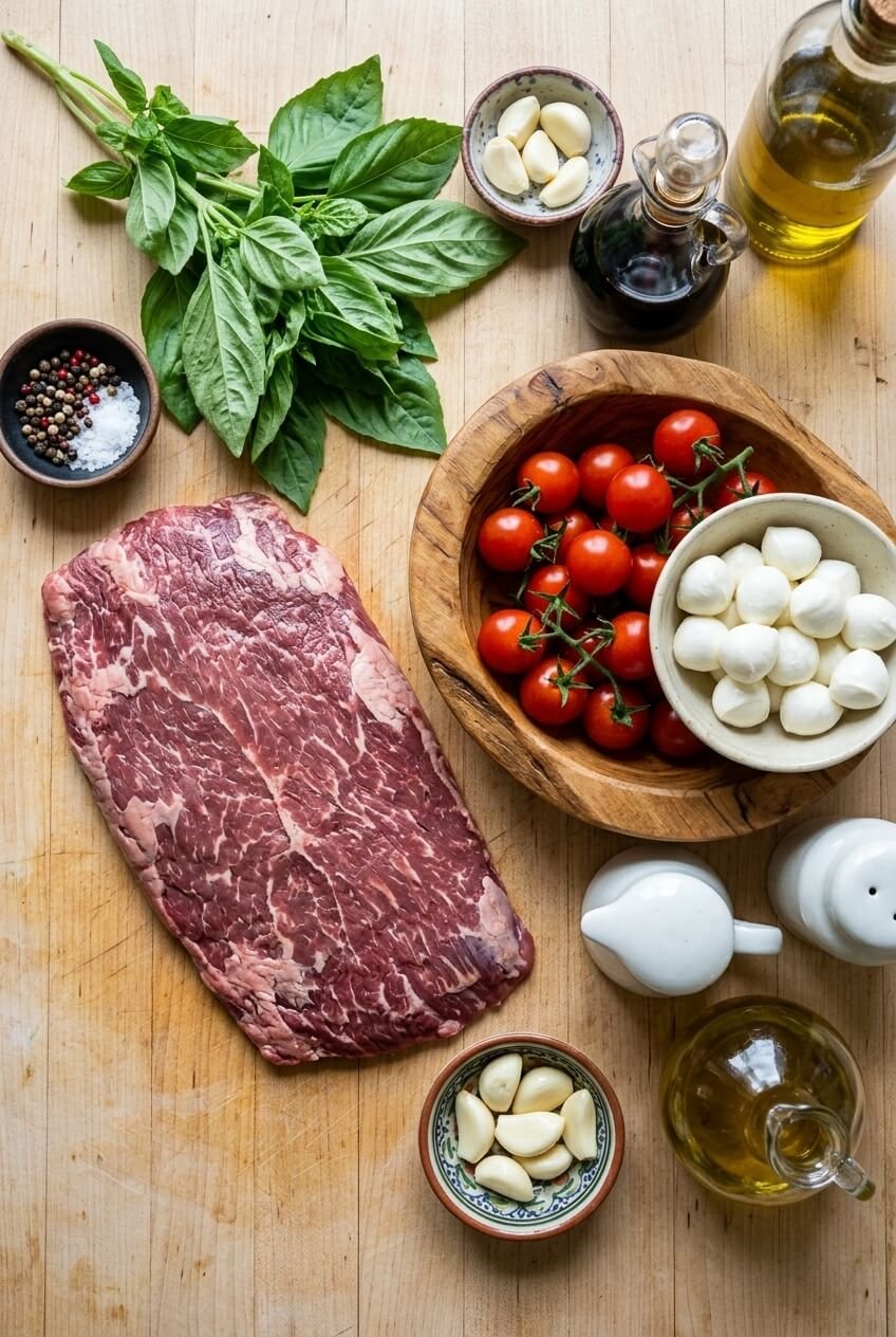 ingredients for Grilled Flank Steak Caprese with Balsamic Dressing