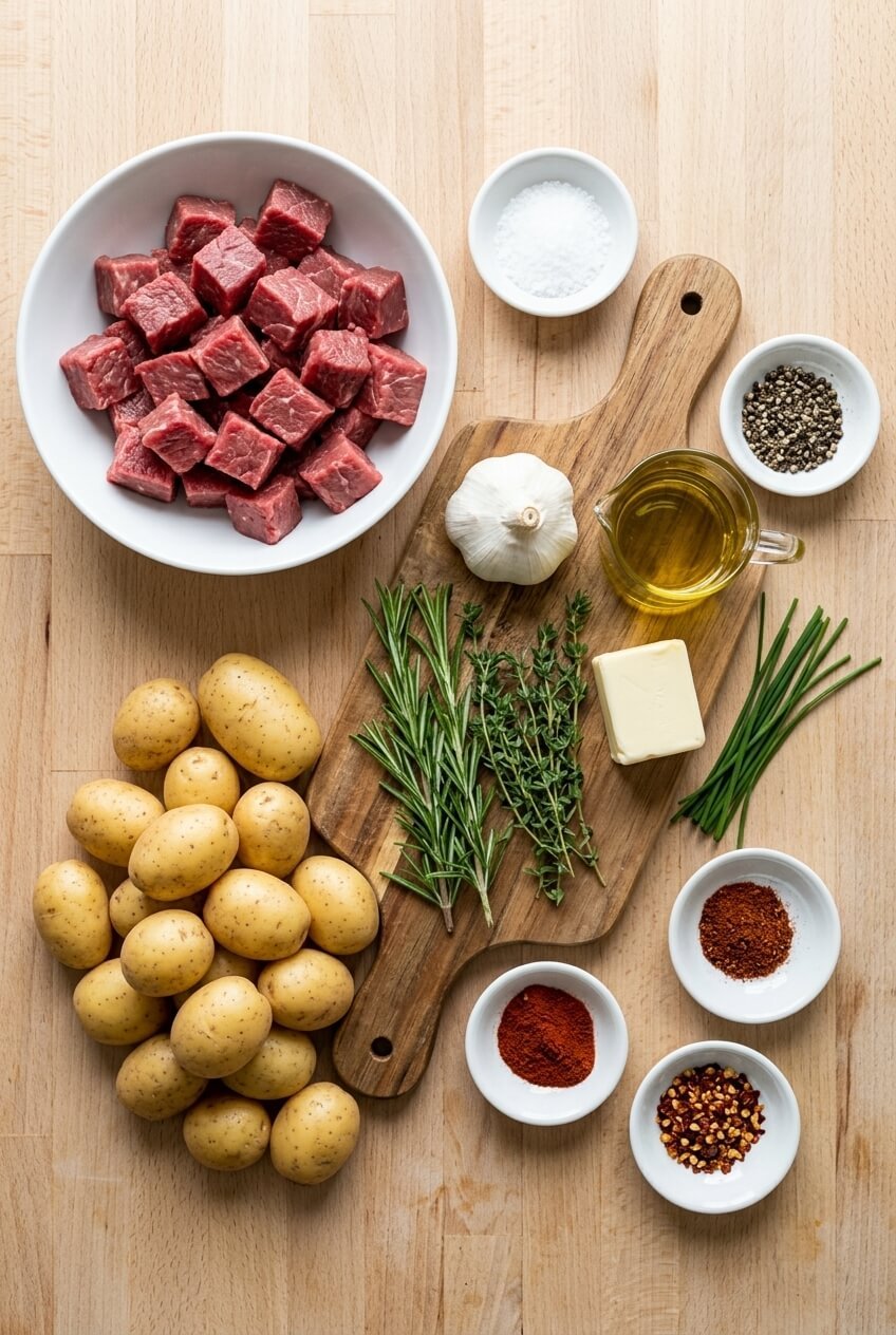 ingredients for Irresistible Garlic Butter Steak Bites & Potatoes