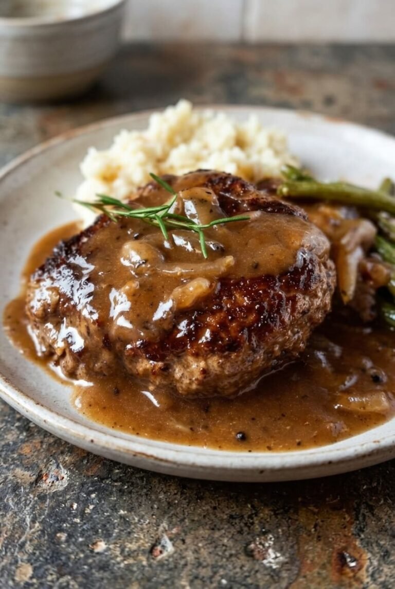 hamburger steak and brown gravy recipe - Hamburger Steak and Brown Gravy served in a white bowl overhead view