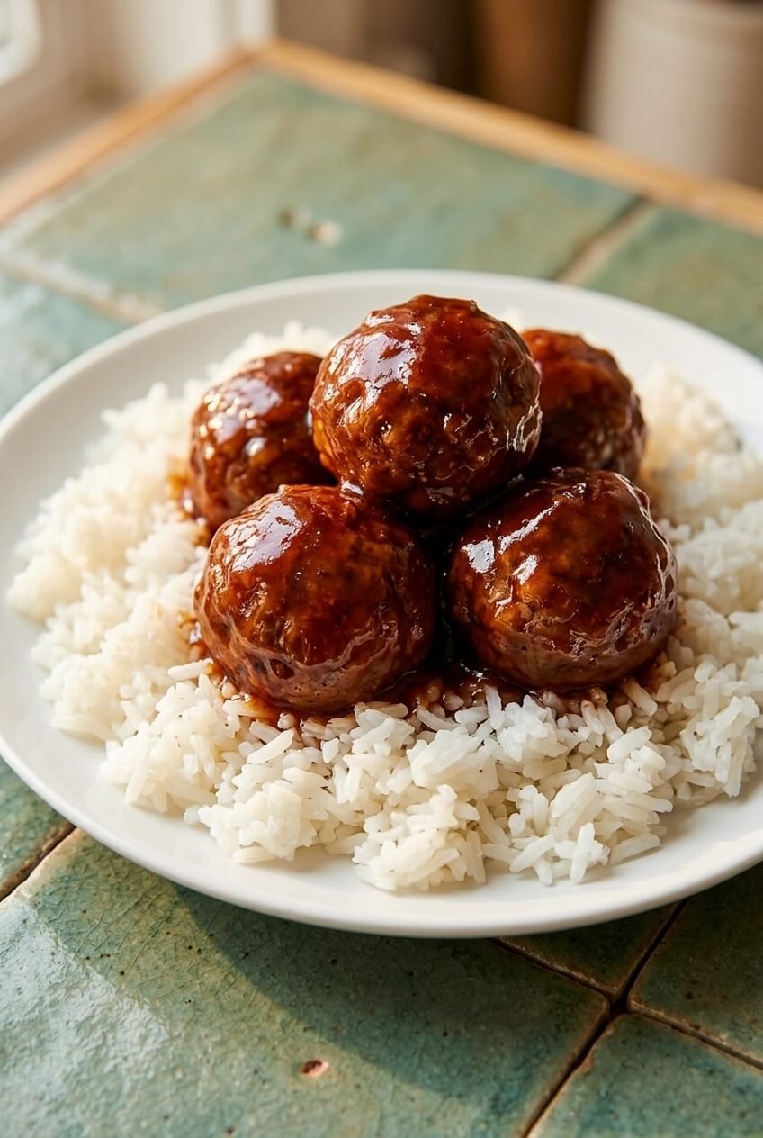 sweet and sour meatballs recipe - Sweet and Sour Meatballs served in a white bowl overhead view