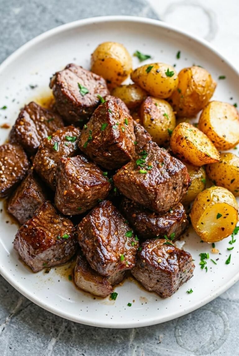 garlic steak and potatoes recipe - Garlic Steak and Potatoes served in a white bowl overhead view