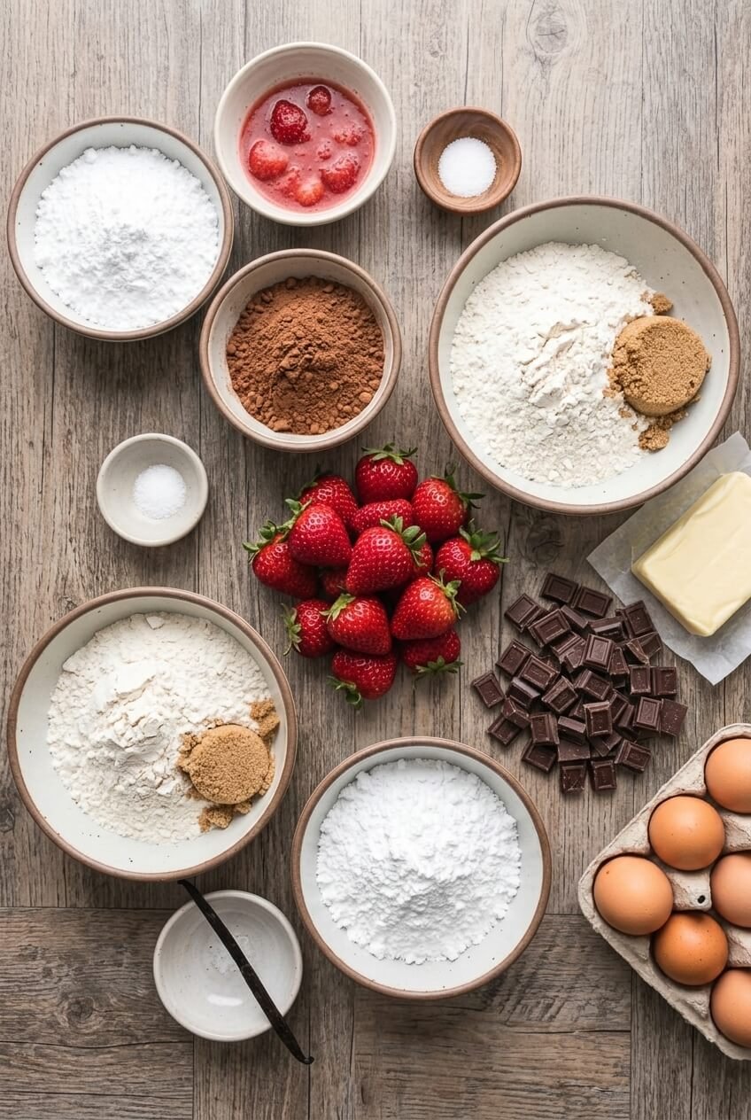 ingredients for Fudgy Real Strawberry Brownies