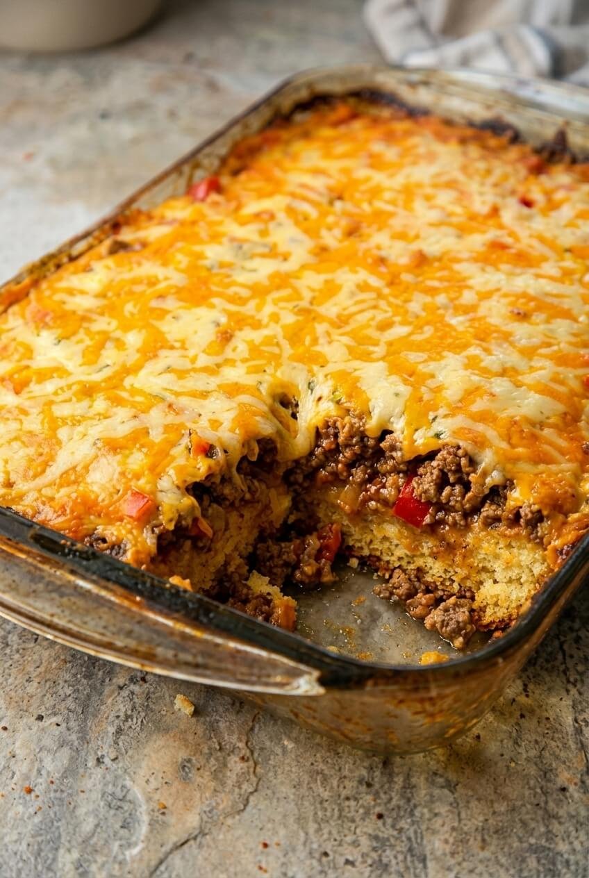 john wayne casserole recipe - John Wayne Casserole served in a white bowl overhead view