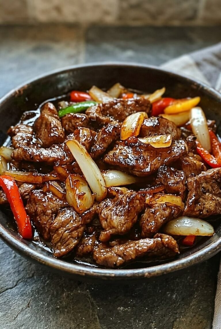 pepper steak with onions recipe - Pepper Steak with Onions served in a white bowl overhead view