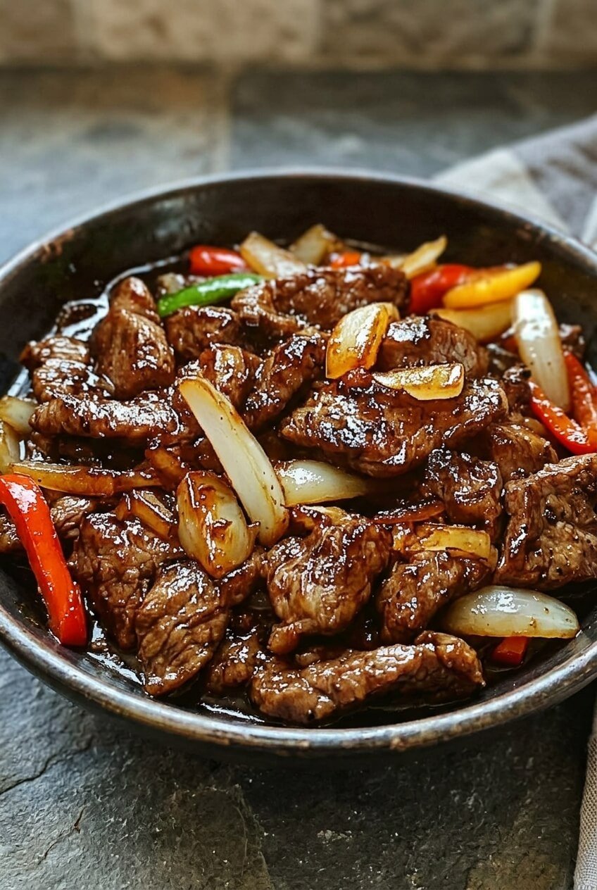 pepper steak with onions recipe - Pepper Steak with Onions served in a white bowl overhead view