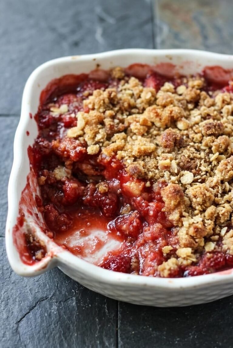 easy fresh strawberry crisp recipe - Easy Fresh Strawberry Crisp served in a white bowl overhead view