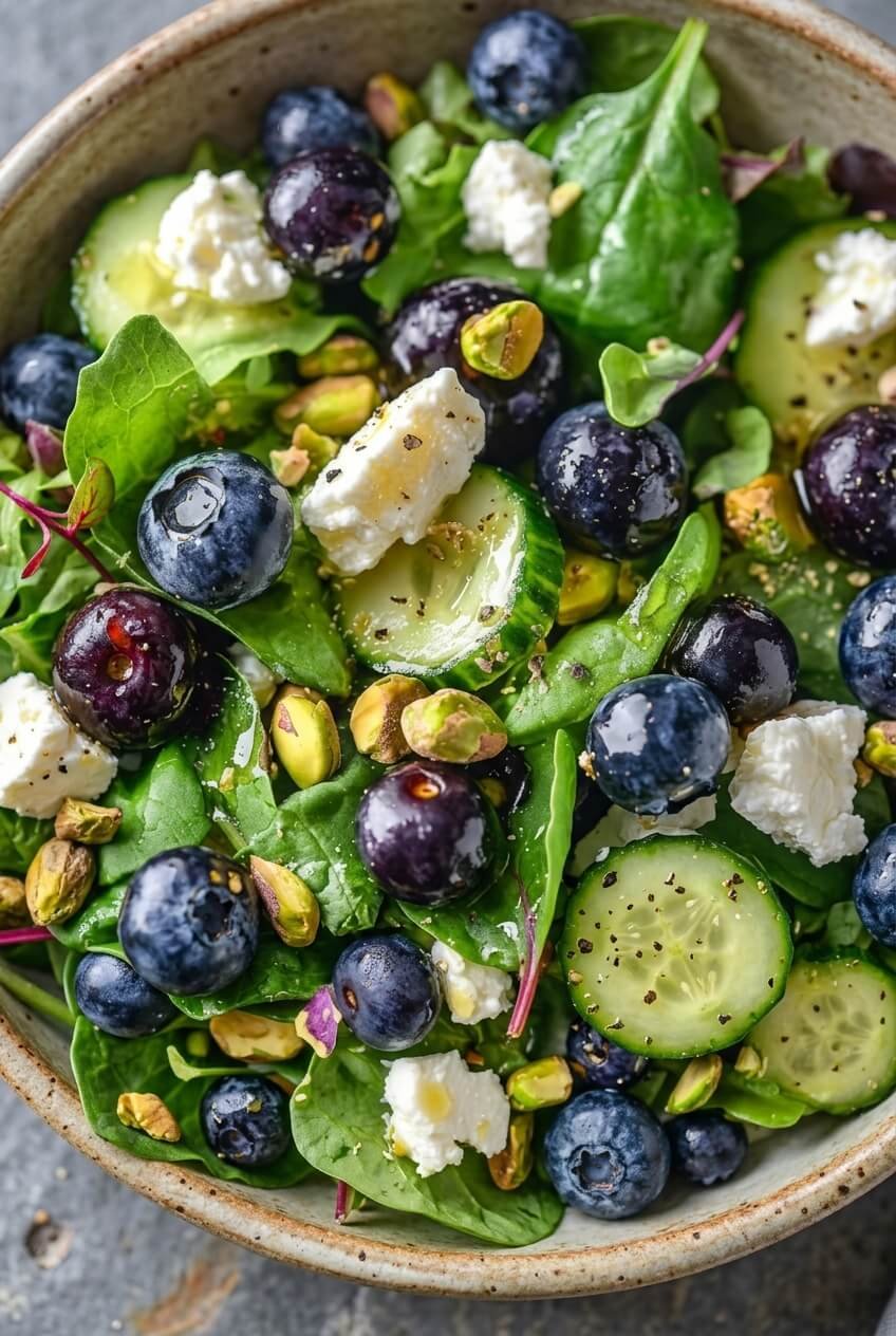 blueberry pistachio spring salad recipe - Blueberry Pistachio Spring Salad served in a white bowl overhead view