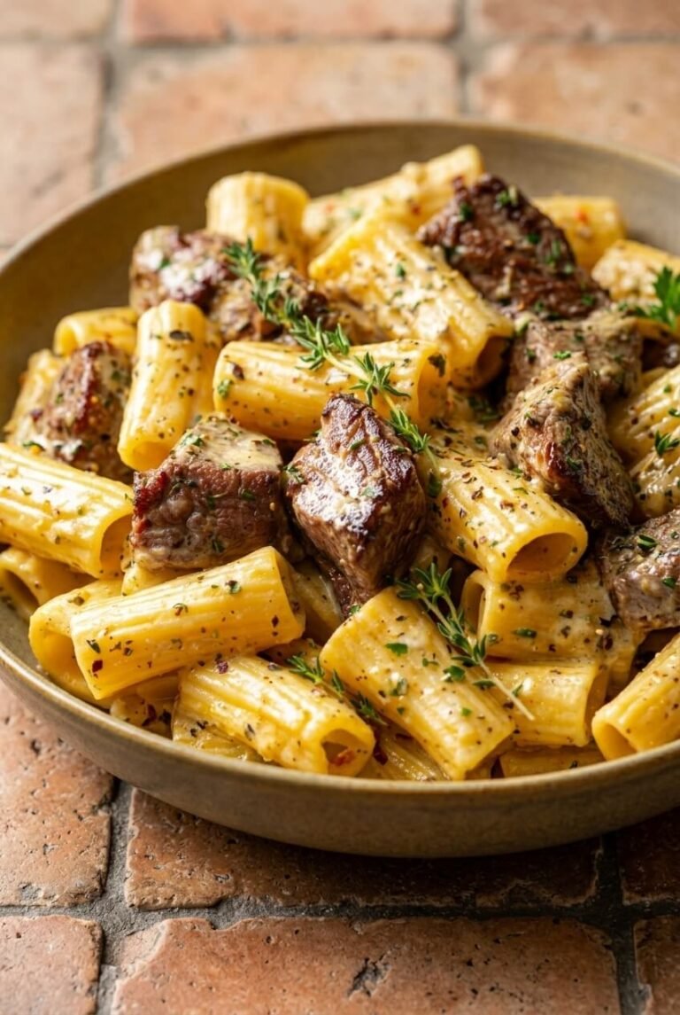 garlic steak dinner recipe - Garlic Steak Dinner served in a white bowl overhead view