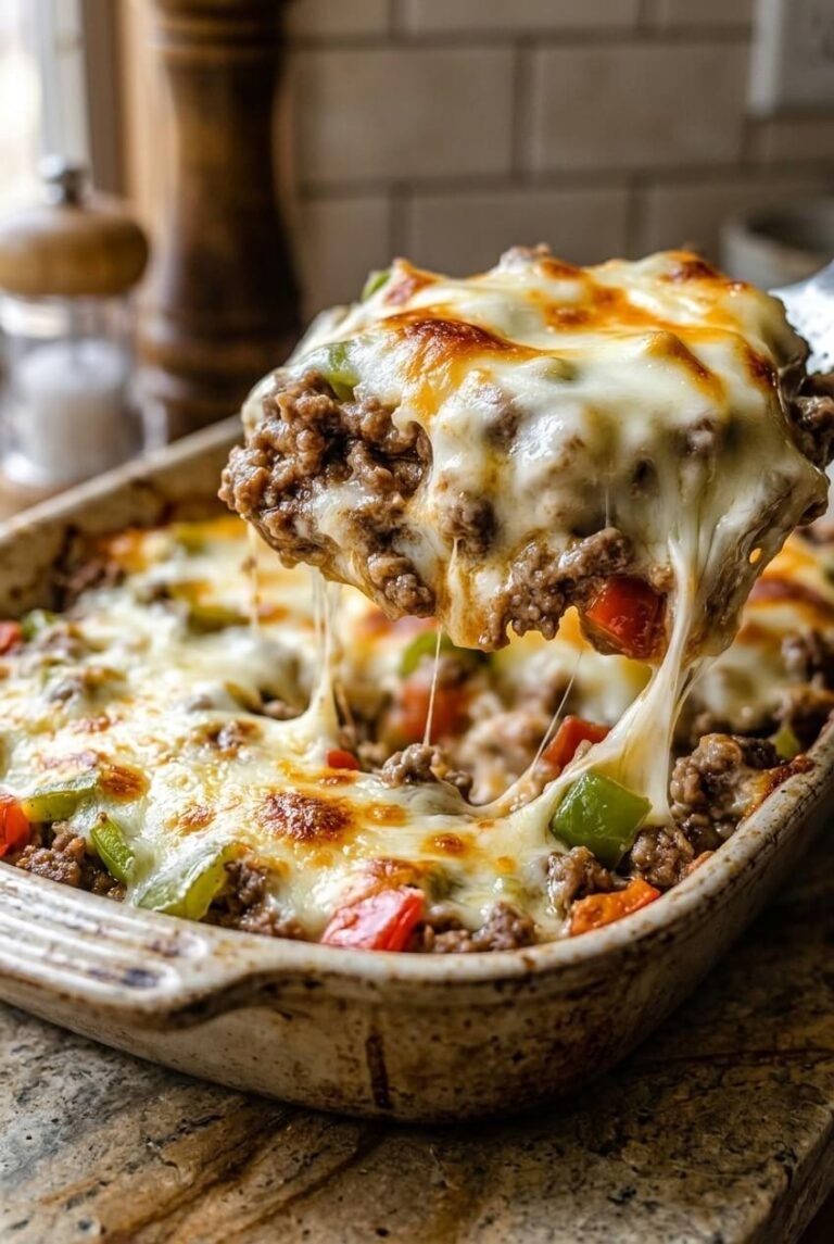 philly cheesesteak casserole recipe - Philly Cheesesteak Casserole Recipe served in a white bowl overhead view