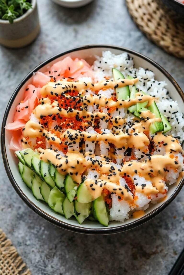 healthy california roll sushi bowls recipe - Healthy California Roll Sushi Bowls served in a white bowl overhead view