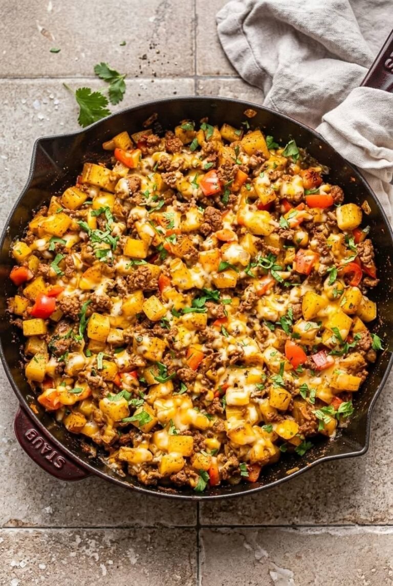 southwest ground beef & potatoes recipe - Southwest Ground Beef & Potatoes served in a white bowl overhead view