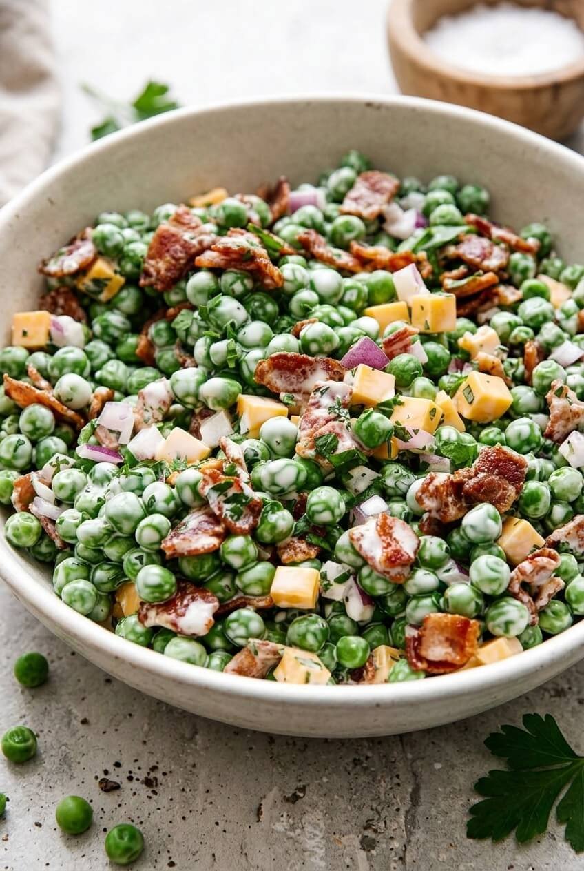easter pea salad recipe - Easter Pea Salad served in a white bowl overhead view