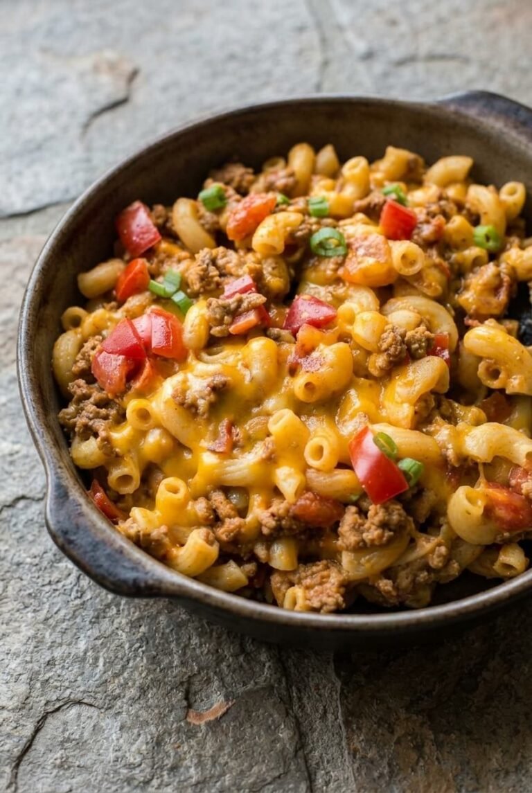 taco mac recipe - Taco Mac served in a white bowl overhead view