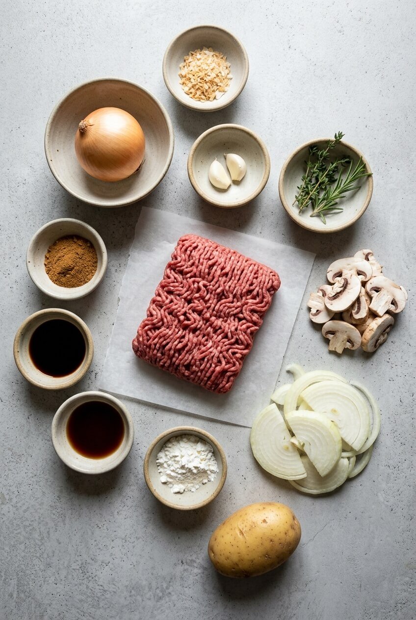ingredients for Hamburger Steak and Brown Gravy