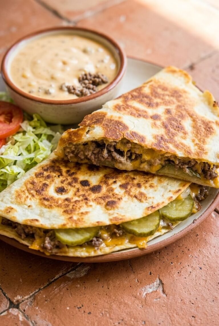 cheeseburger quesadilla recipe - Cheeseburger Quesadilla served in a white bowl overhead view