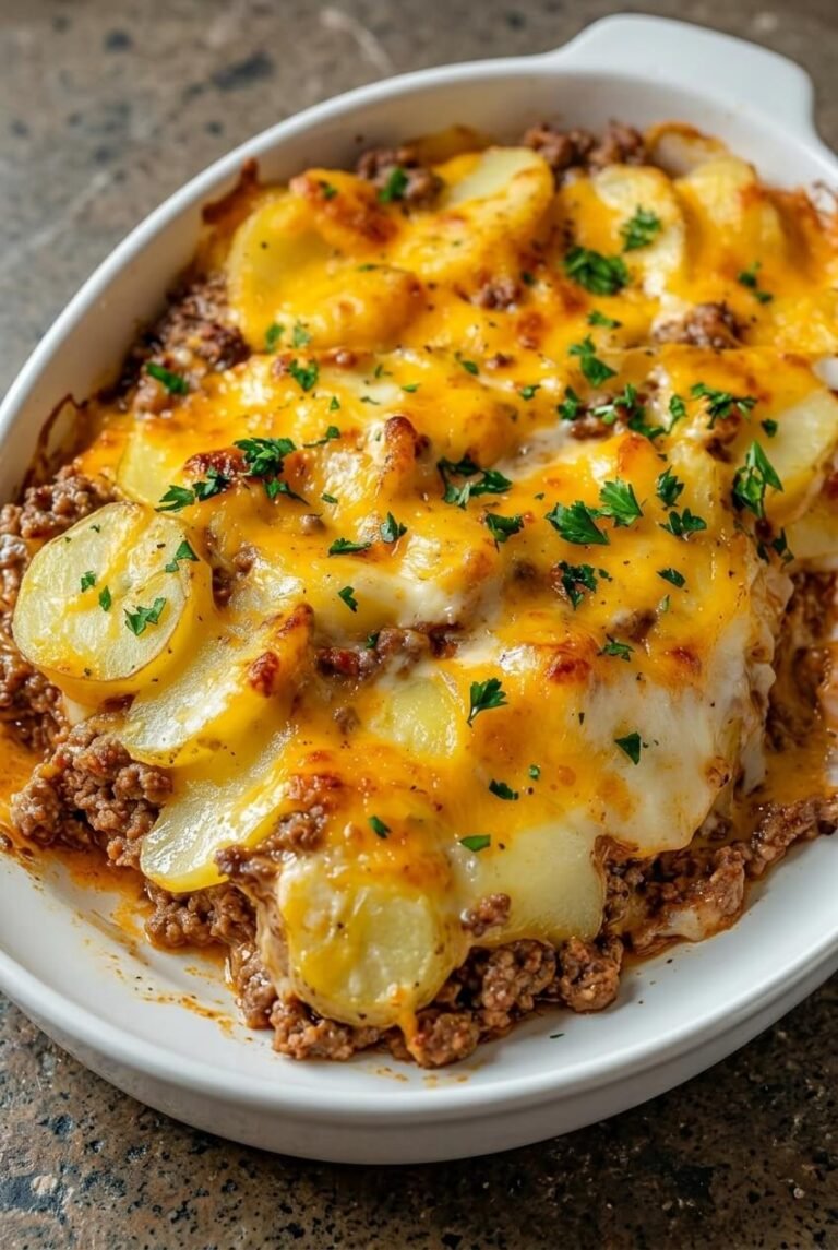 the best hobo casserole ground beef recipe - The Best Hobo Casserole Ground Beef served in a white bowl overhead view