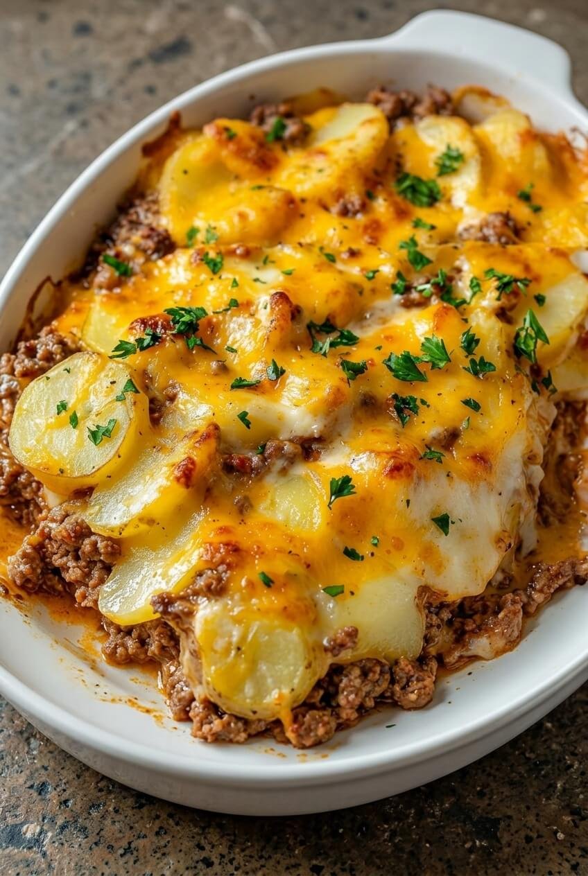 the best hobo casserole ground beef recipe - The Best Hobo Casserole Ground Beef served in a white bowl overhead view
