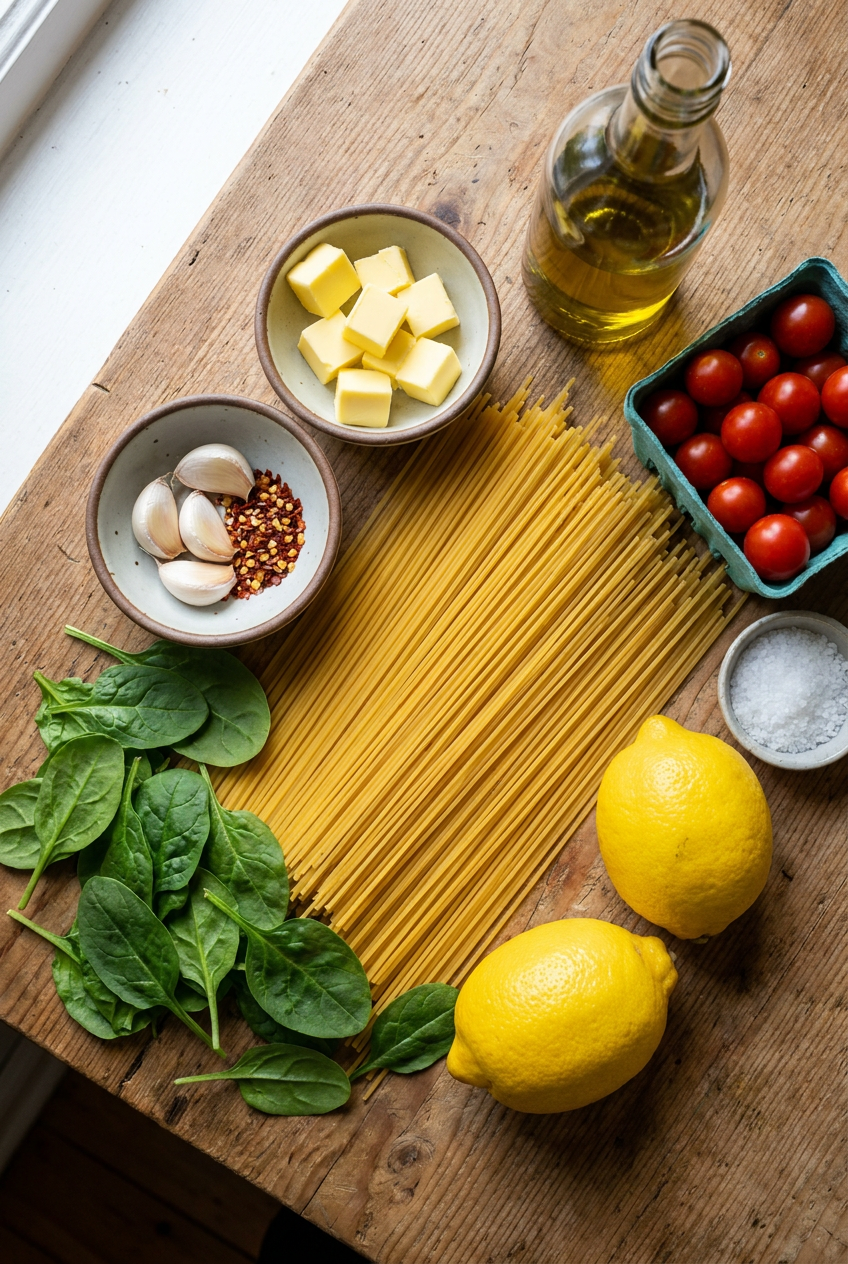 ingredients for 15-Minute Lemon Garlic Butter Pasta with Spinach & Cherry Tomatoes