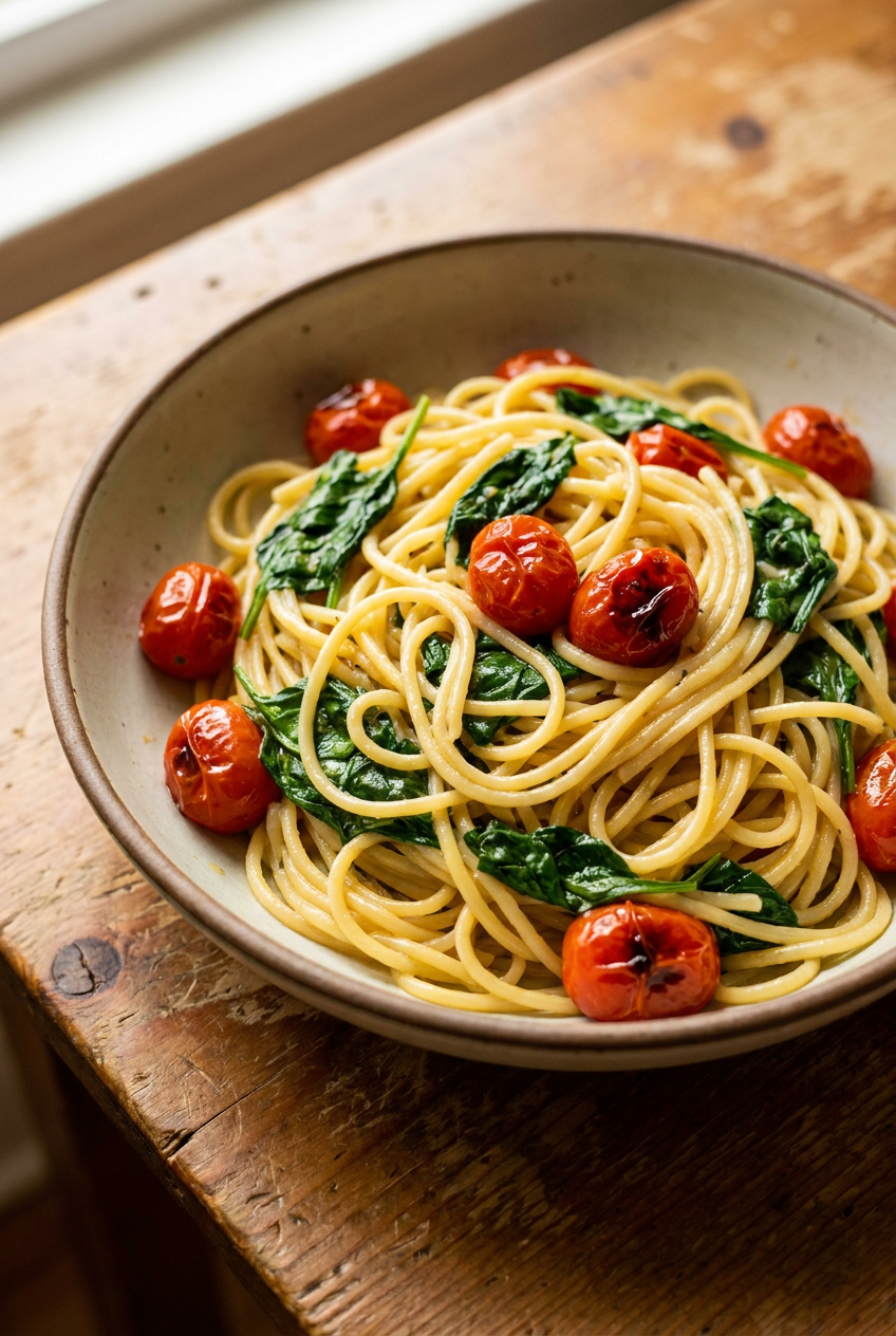 15-minute lemon garlic butter pasta with spinach & cherry tomatoes recipe - 15-Minute Lemon Garlic Butter Pasta with Spinach & Cherry Tomatoes served in a white bowl overhead view